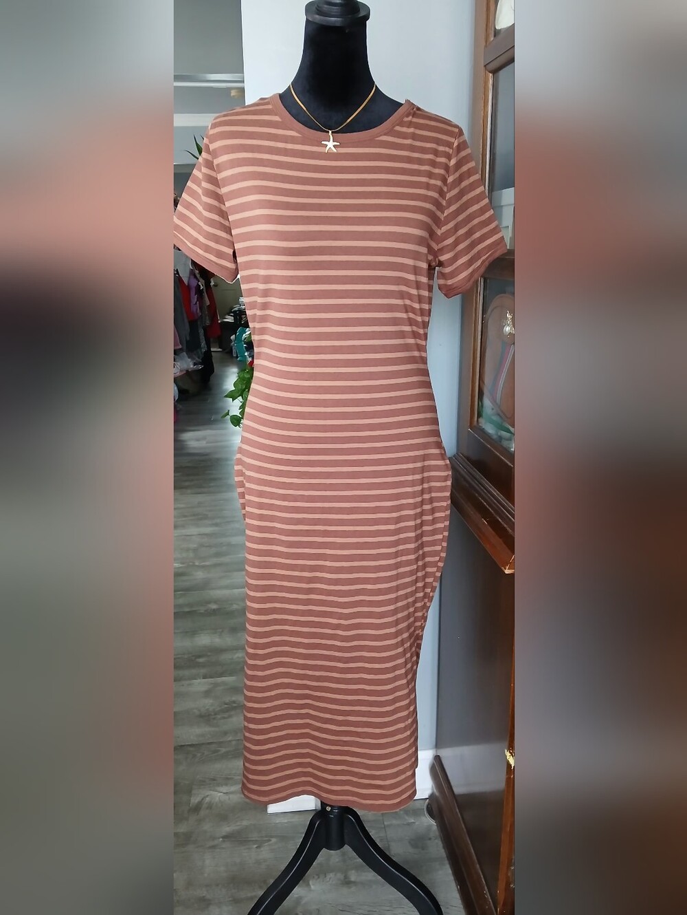 Striped Short-Sleeve Midi Dress in Brown and Cream
